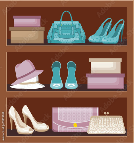 Shelf with bags and shoes.