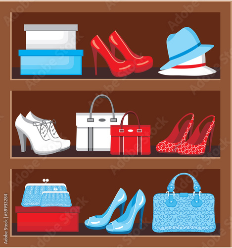 Shelf with bags and shoes.