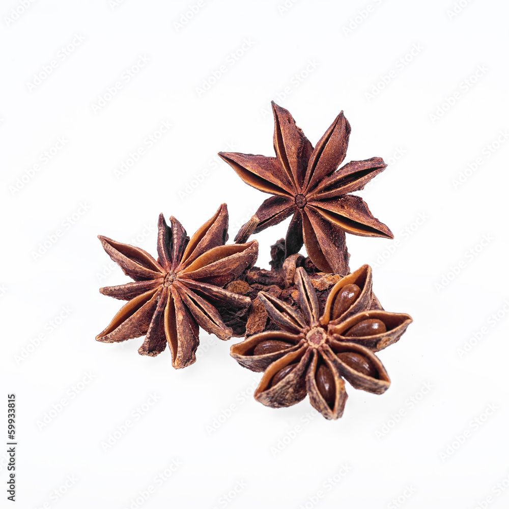 Cinnamon, anise and cloves on white background Cinnamon, anise and cloves on white background