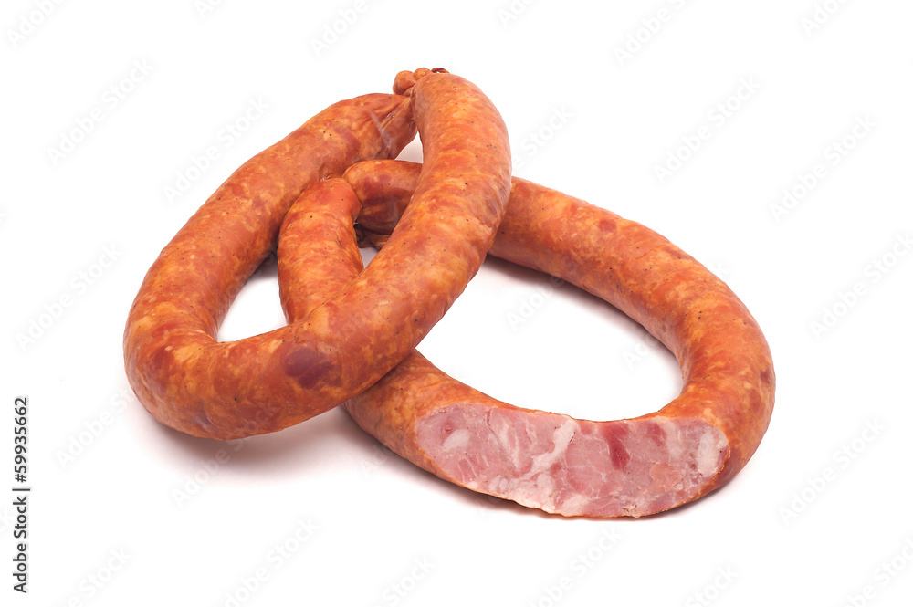 two rings of smoked sousages with section two rings of smoked sousages with section
