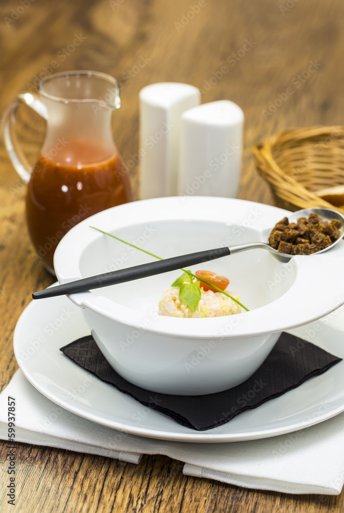 tomato soup in a restaurant decorated with shrimp tomato soup in a restaurant decorated with shrimp