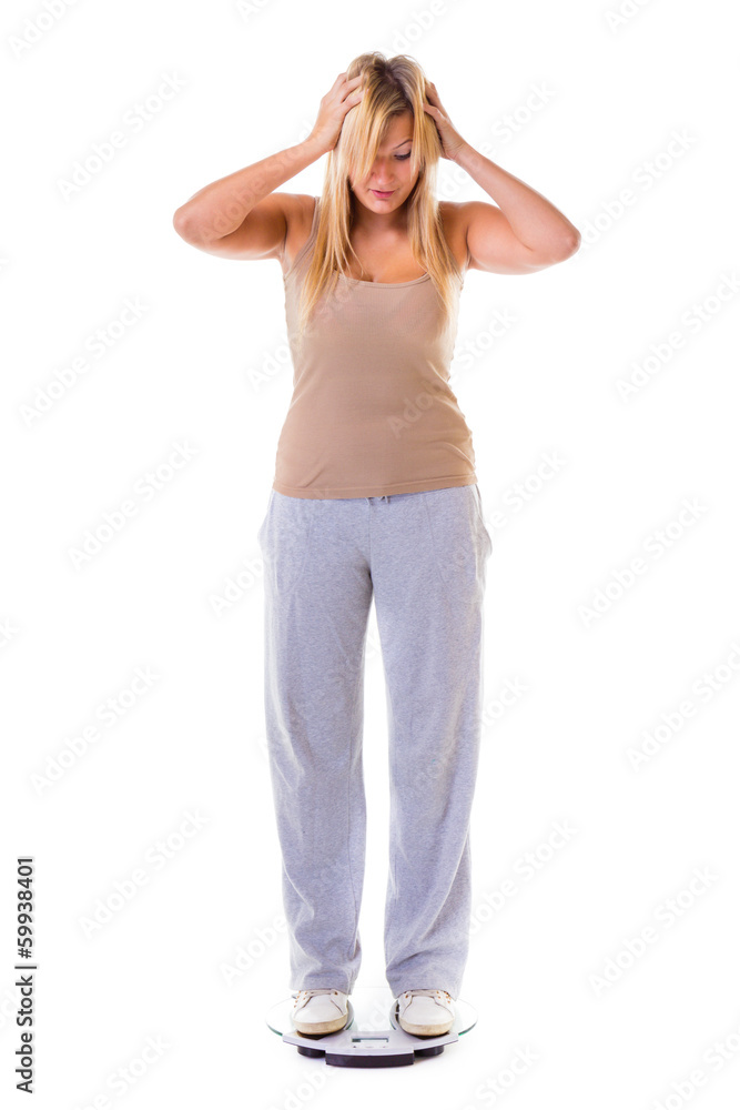 Large woman on scale worried with her weight isolated Large woman on scale worried with her weight isolated