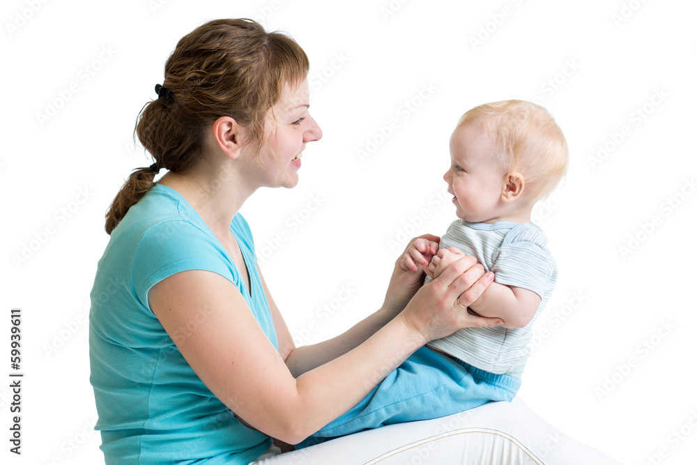 Mother and baby playing isolated on white background. Motherhood Mother and baby playing isolated on white background. Motherhood