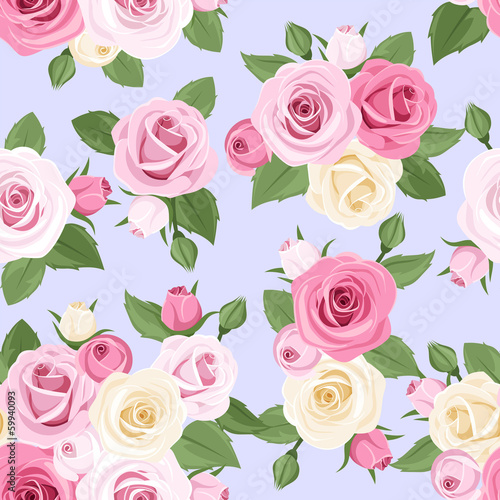 Pink and white roses on blue. Vector seamless pattern.