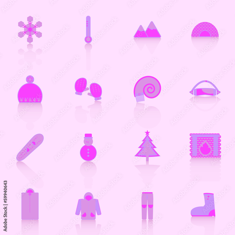 Winter icons with reflect on pink background Winter icons with reflect on pink background