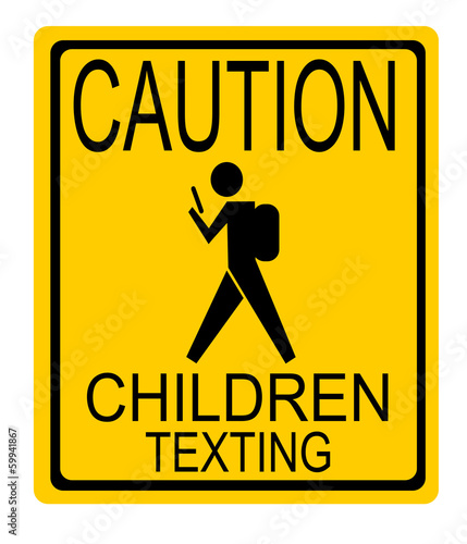 caution children texting sign with child wearing backpack