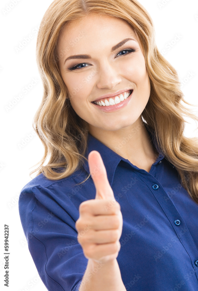 Woman with thumbs up gesture, over white Woman with thumbs up gesture, over white