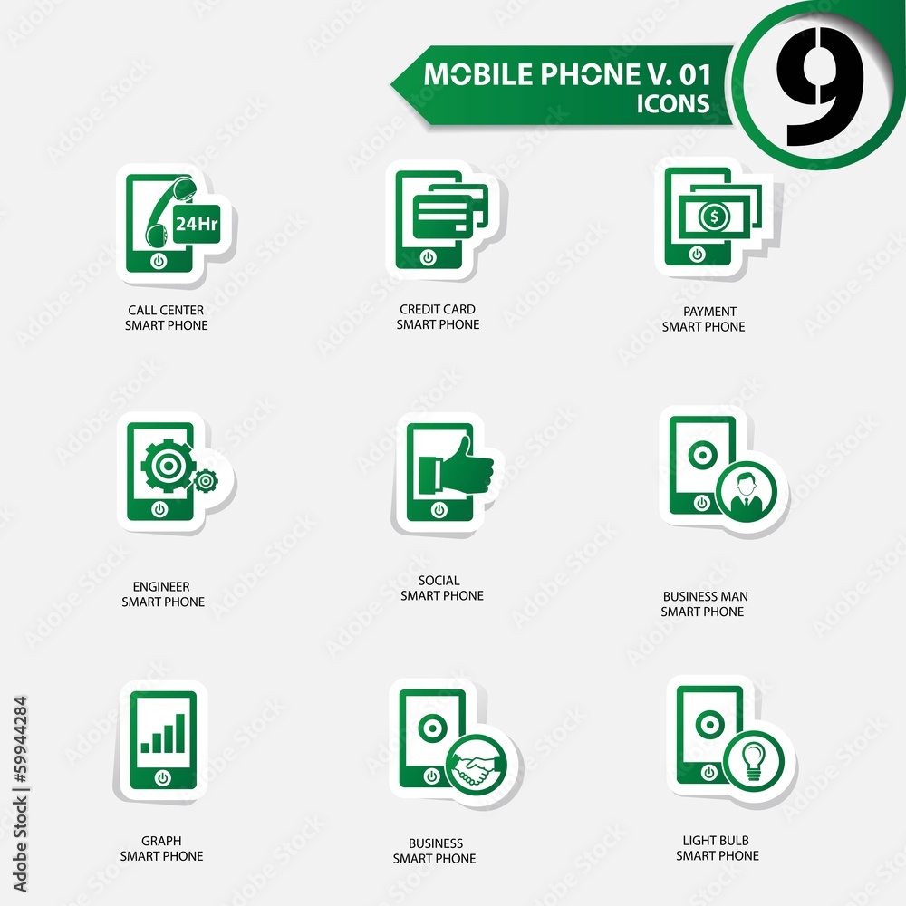 Mobile phone icons set 1,Green version