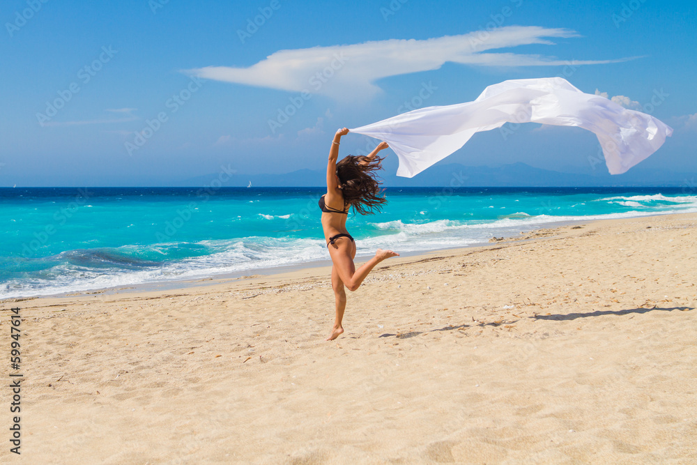Beautiful Girl With White fabric on The Beach. Beautiful Girl With White fabric on The Beach.