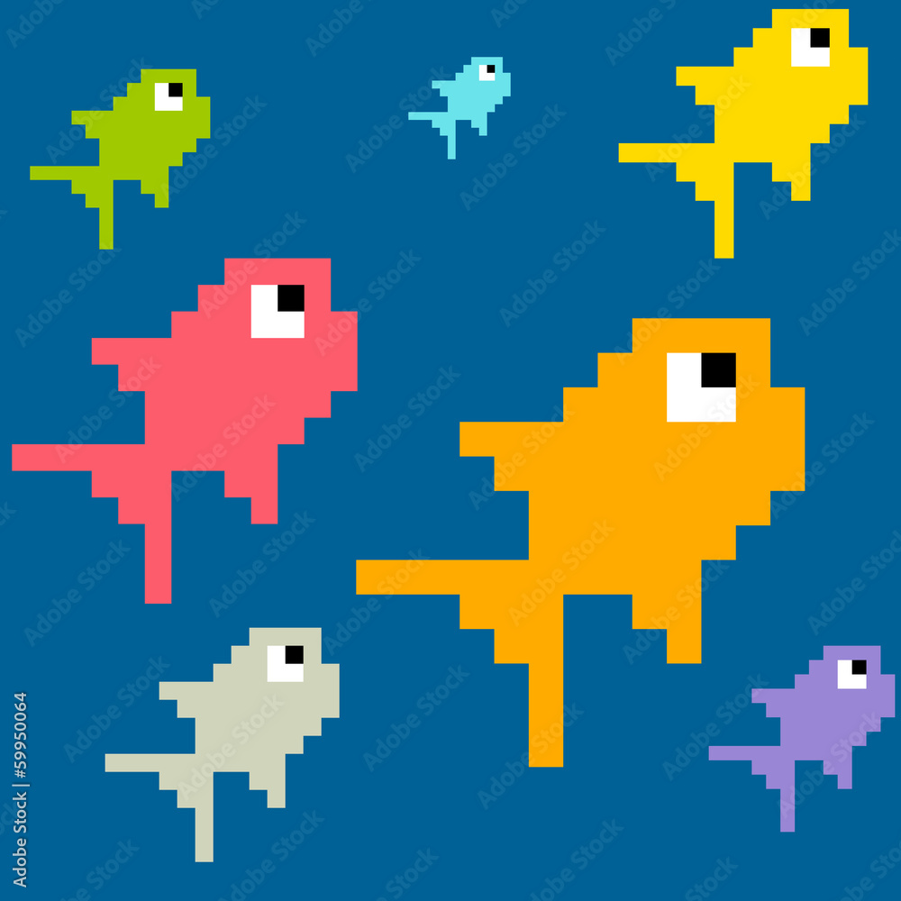 Obraz premium 8-Bit Pixel Art Multicolored Fish, Seamless Background Tile