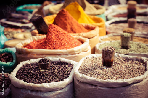 Photography Indian colored spices at local market.