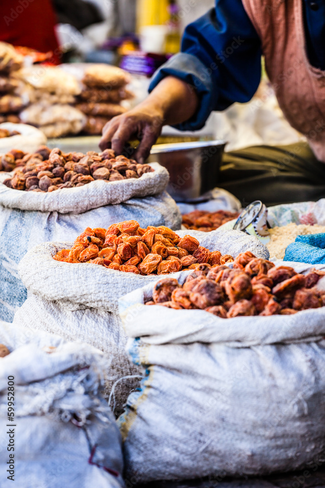 Dried fruits in local Leh market, India.
