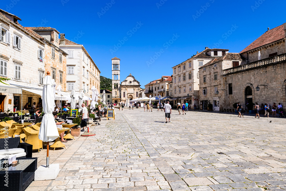 Main square of the old town of Hvar on Hvar island in Croatia