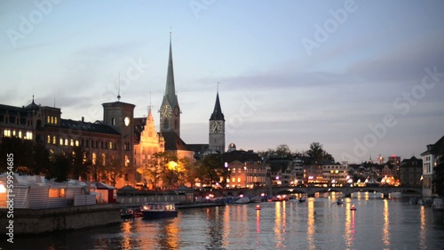 Zurich Skyline and the River Limmat in the Evening