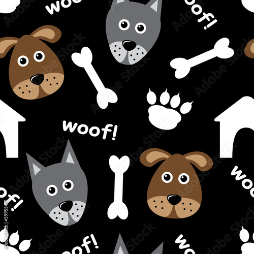 Cartoon seamless pattern with dogs and dog accessories