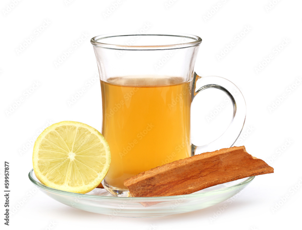 Cup of herbal tea with lemon and cinnamon bark Cup of herbal tea with lemon and cinnamon bark
