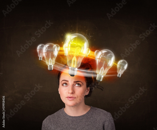 woman with light bulbs circleing around her head