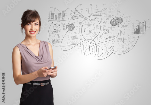 Business girl presenting hand drawn sketch graphs and charts
