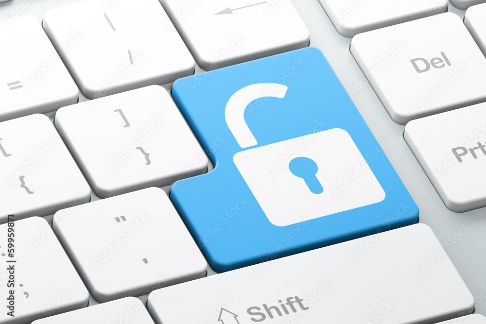 Information concept: Opened Padlock on computer keyboard Information concept: Opened Padlock on computer keyboard