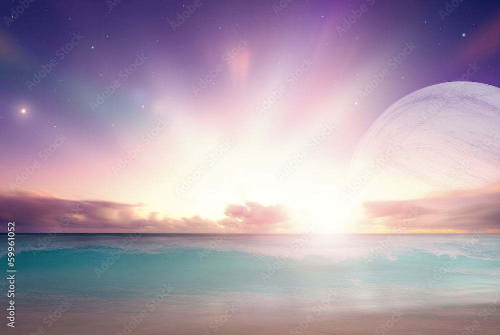 Fantasy ocean landscape on a distant alien world Fantasy ocean landscape on a distant alien world