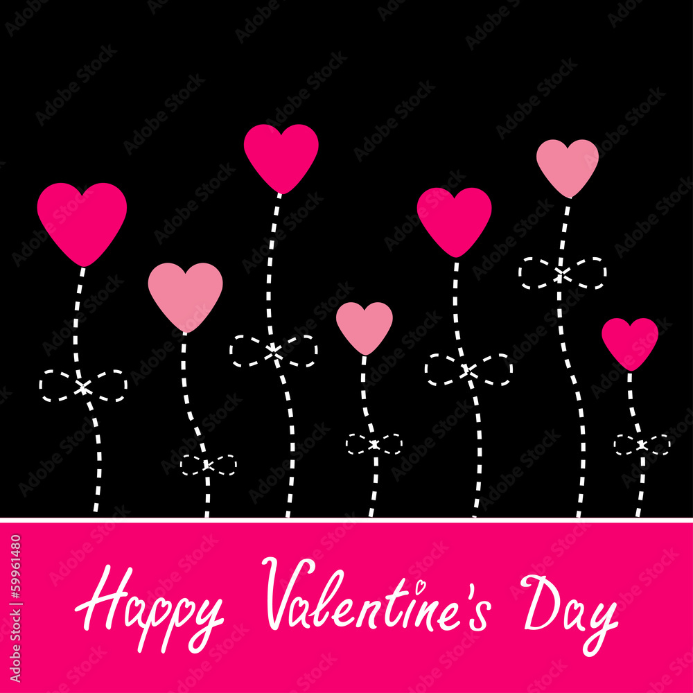 Vector love card. Heart flowers. Black and pink. Happy Valentine