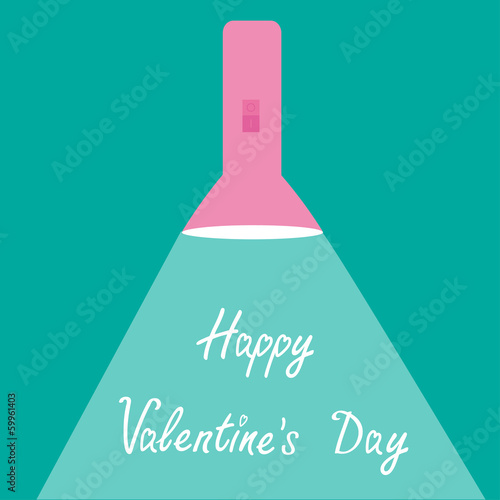 Pink flashlight with ray of light. Flat design. Happy Valentines