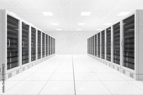 Datacenter with two rows of computers central view