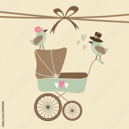 Baby shower invitation, birthday card with baby carriage, birds