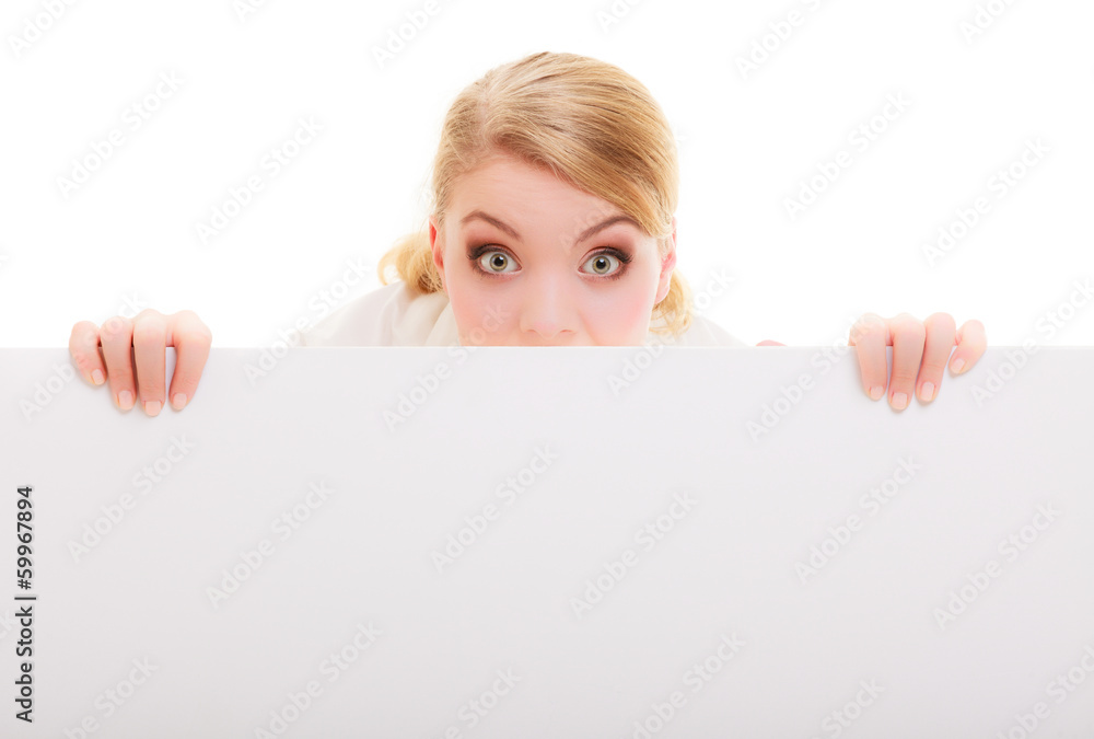 woman funny wide eyed girl with blank billboard sign banner woman funny wide eyed girl with blank billboard sign banner