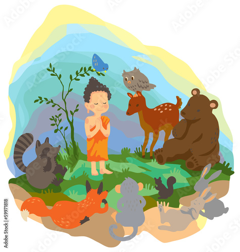 A little buddha is preaching truth to animals in the wood