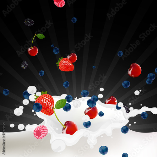 Vector Illustration of Berries falling into a Splash of Milk