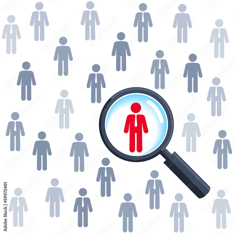 Job search and career choice, magnifying glass searching people Job search and career choice, magnifying glass searching people