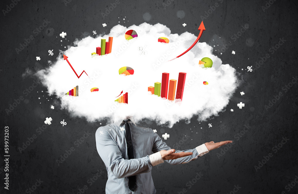Modern business man with a graph cloud head Modern business man with a graph cloud head