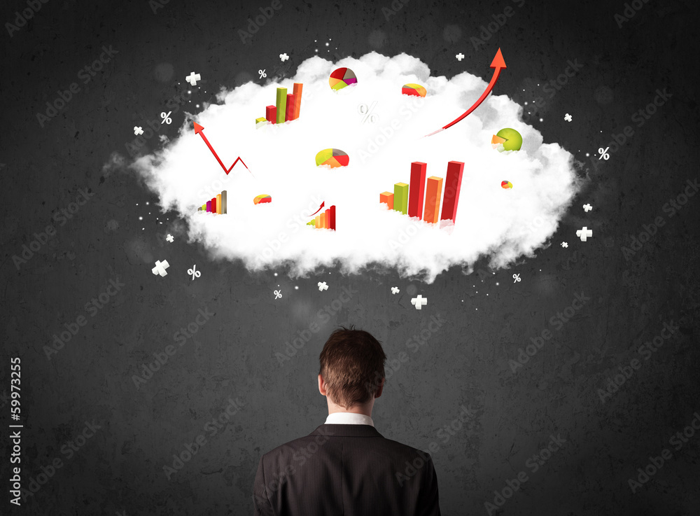 Businessman with charts in a cloud above his head Businessman with charts in a cloud above his head