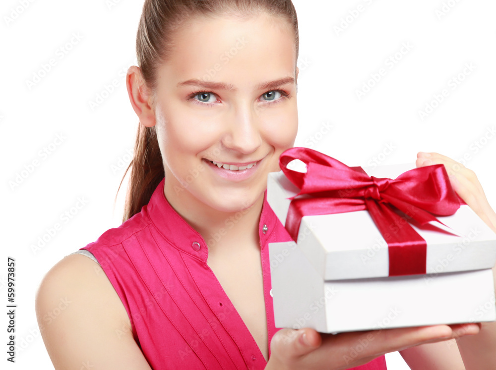 Woman holding gift box isolated on white background. Woman holding gift box isolated on white background.