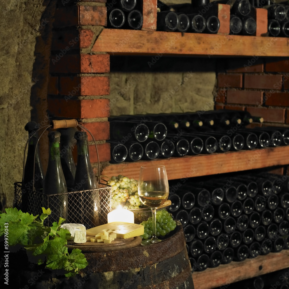 still life in wine cellar