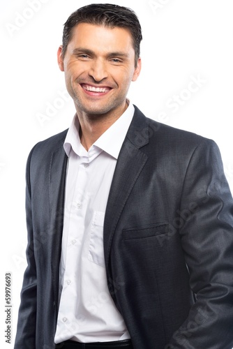 Handsome young man in black suit and white shirt 