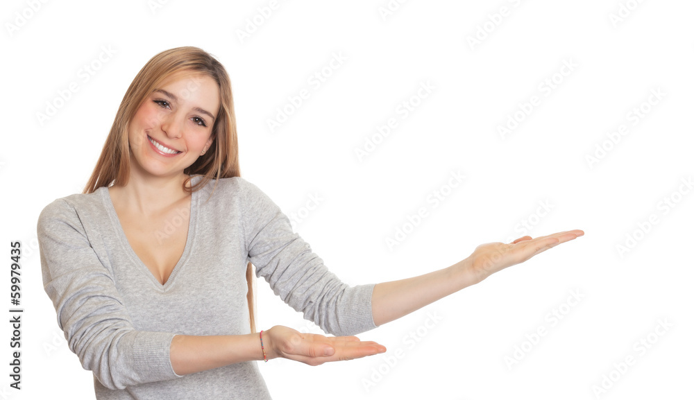 Attractive woman presents something Attractive woman presents something