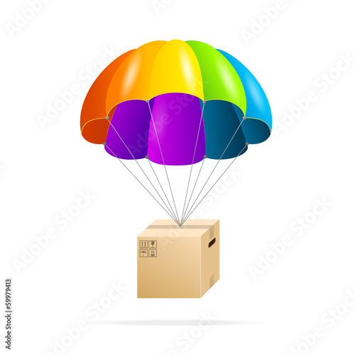 Rainbow parachute with cardboard box on a white