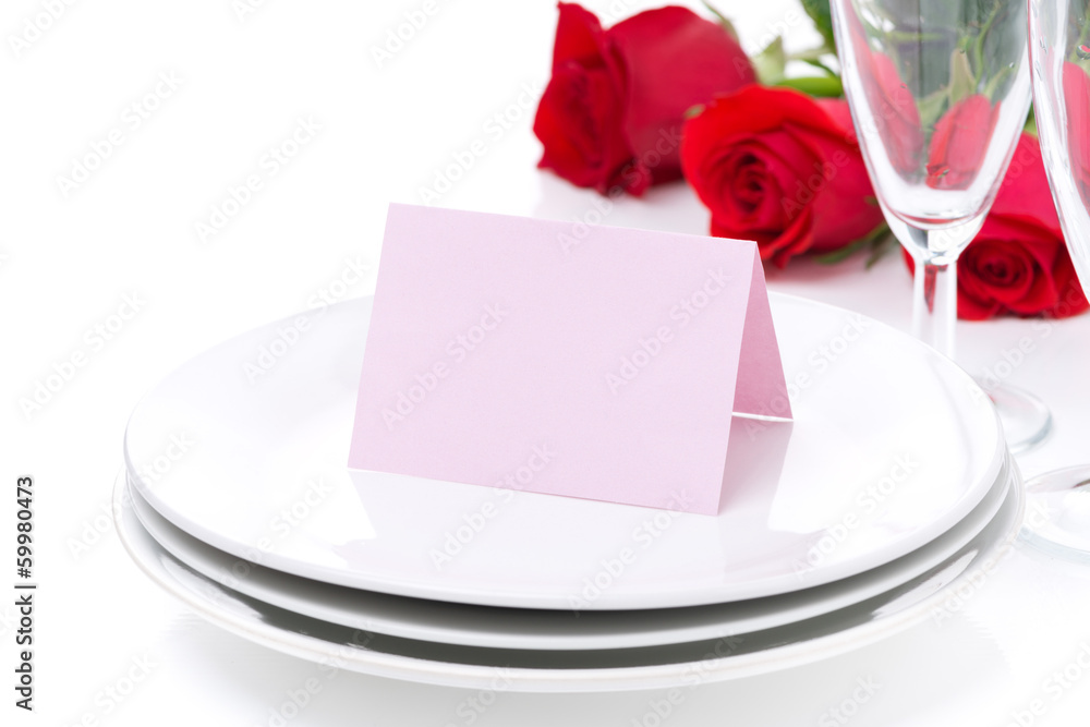 card for congratulation on a plate, roses and glasses card for congratulation on a plate, roses and glasses