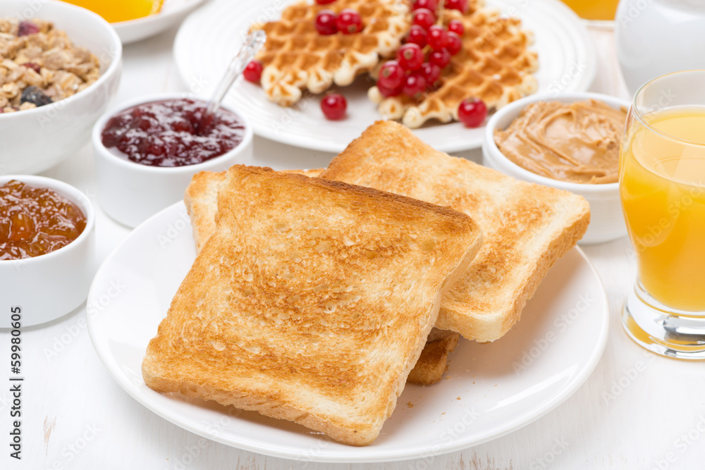 continental breakfast - toast, jam, peanut butter, juice