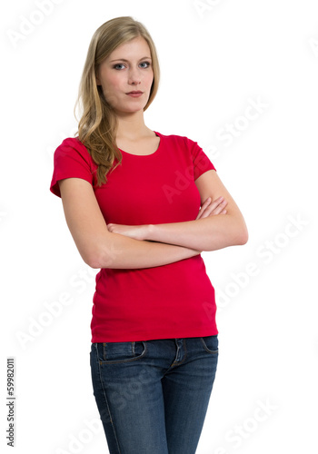 Serious woman posing with red shirt © sumnersgraphicsinc