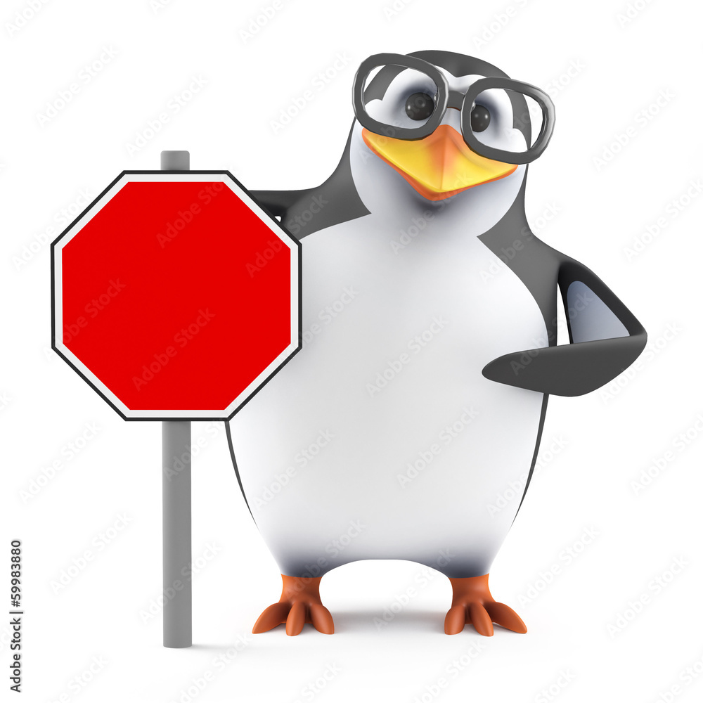 Obraz premium Academic penguin with a blank road sign