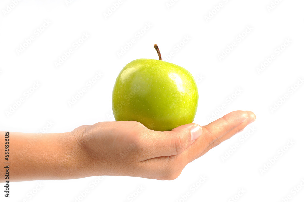 hand with green apple isolated on white background hand with green apple isolated on white background