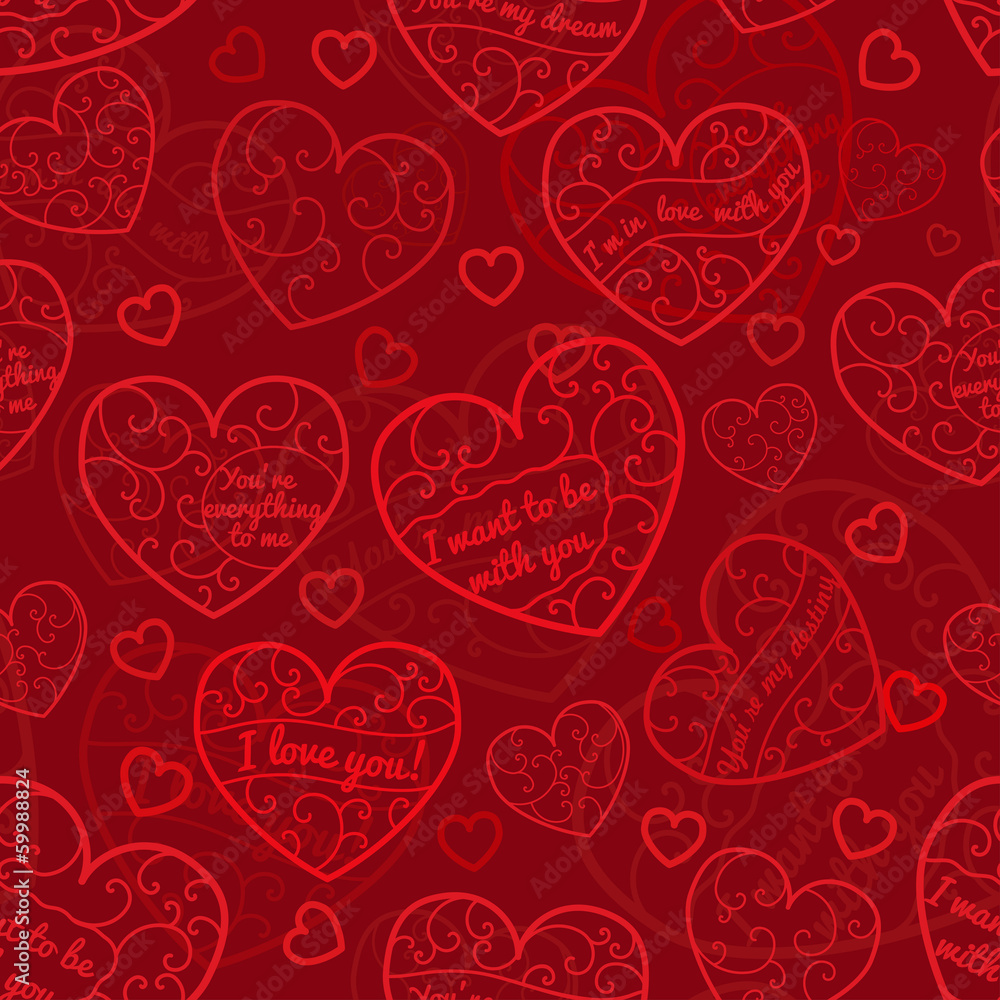 Seamless pattern of hearts, light red on dark red Seamless pattern of hearts, light red on dark red