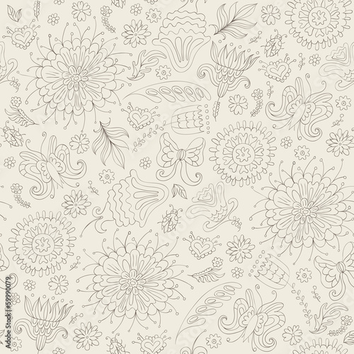 Monochrome seamless pattern with flowers