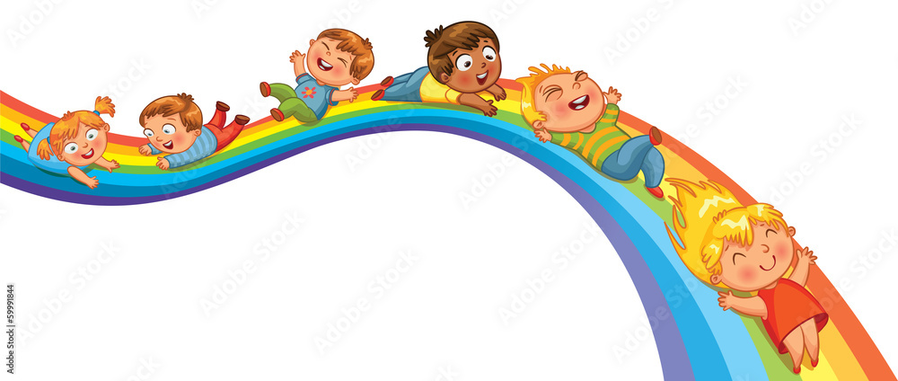 Naklejka premium Dzieci jeżdżą po tęczy