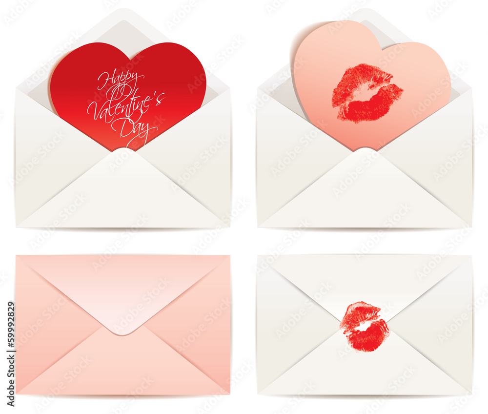 White envelope and Hearts, concept Love