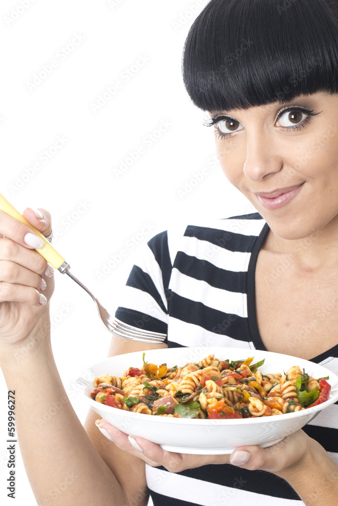 Young Woman Eating Mixed Pasta Salad Young Woman Eating Mixed Pasta Salad