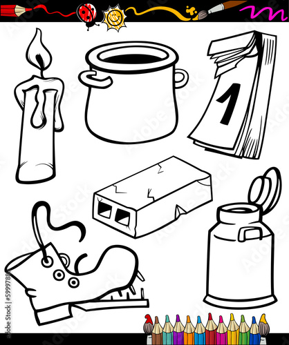 objects cartoon set for coloring book